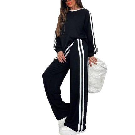 Casual Striped Trousers Long Sleeve Round Neck Suit
