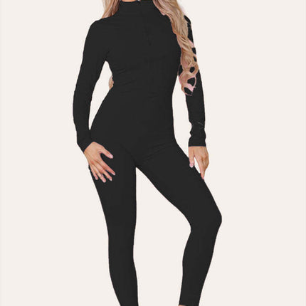 Ribbed High Neck Zipper Collar Jumpsuit Front Unitard Set