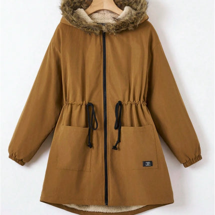 EZwear Drawstring Waist Fuzzy Trim Hooded Thermal Lined Drawstring Waist Coat