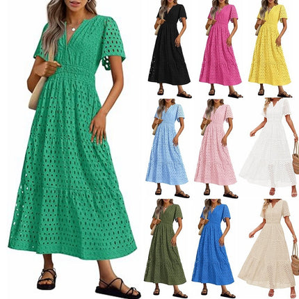 V-neck Hollow Pleated Short Sleeves Long Dress