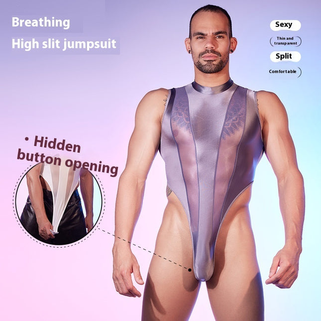 High Elastic Lightweight Stitching Body Shaping See-through Sexy Night Men Jump suit