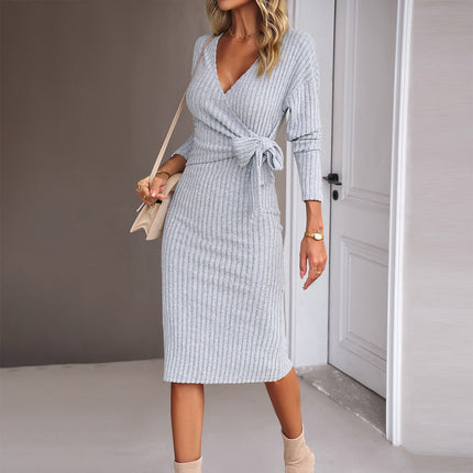 Elegant Style V-neck Solid Color Bandage Regular Sleeve Mid Dresses Light Gray