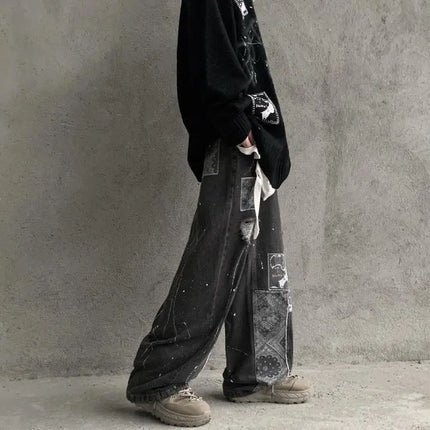 Cashew Flower Straight Pants Washed Vintage Jeans For Men And Women