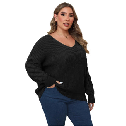 Plus Size Women's Pineapple Sleeve Stitching Deep V Woven Leisure Pullover Sweater