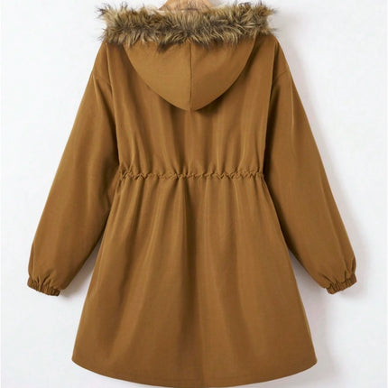 EZwear Drawstring Waist Fuzzy Trim Hooded Thermal Lined Drawstring Waist Coat