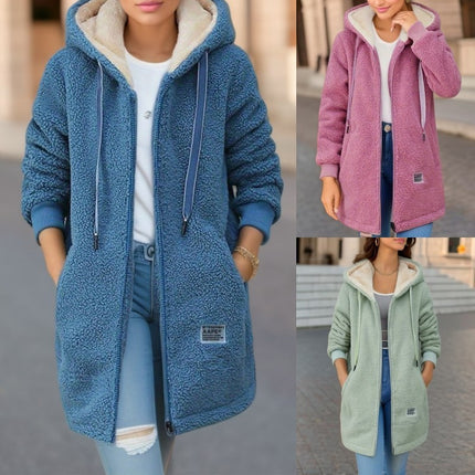 Winter Fleece Hooded Jacket Fashion Casual Zip-up Pockets Long Sweatshirt Warm Commuter Women's Clothing