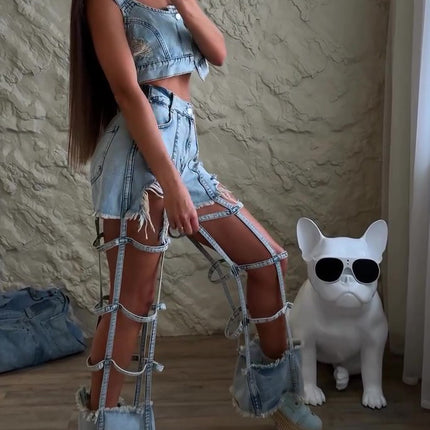 Trendy Light Blue Denim Strappy Crop Top And Ripped Shorts Set