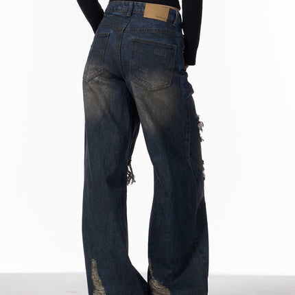 Distressed Camouflage Patch Ripped Jeans Women Loose Straight-leg Wide-leg Pants