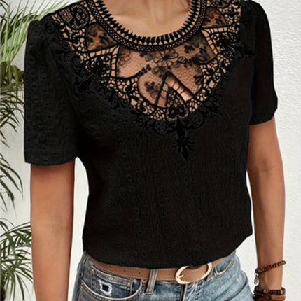 Lace Stitching Hollow Round Neck Solid Color Short Sleeve