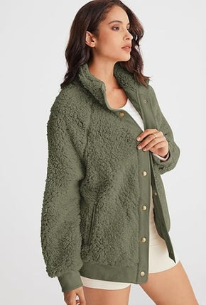 Winter Long Sleeve Button Sherpa Jacket Coat Pockets