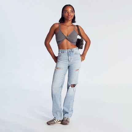 Women's High-Waist Jeans, Wide-Leg Full-Length Jeans With Center Pleat, Cotton Denim For All Seasons Forbidden Platform - Temu