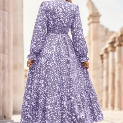 Floral Print Flounce Sleeve Shirred Dress Maxi Women Outfit