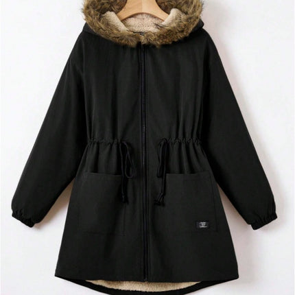 EZwear Drawstring Waist Fuzzy Trim Hooded Thermal Lined Drawstring Waist Coat