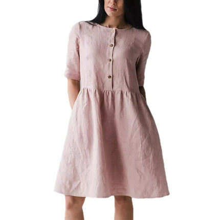 Cotton Linen Round-neck Loose Casual Solid Color Pocket Dress
