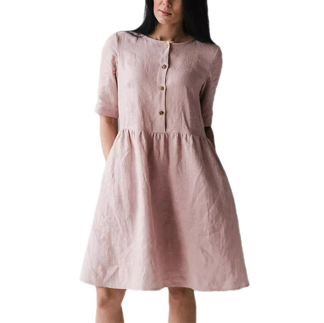 Cotton Linen Round-neck Loose Casual Solid Color Pocket Dress