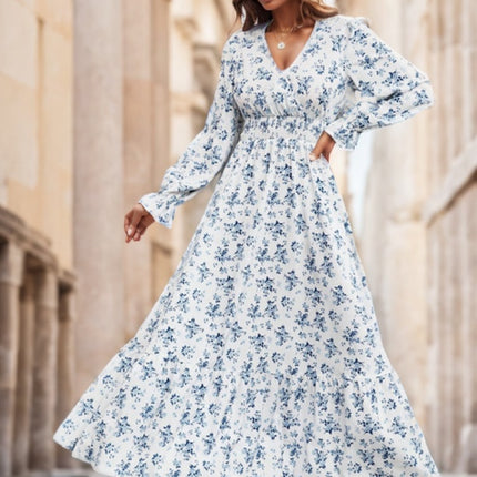 Floral Print Flounce Sleeve Shirred Dress Maxi Women Outfit