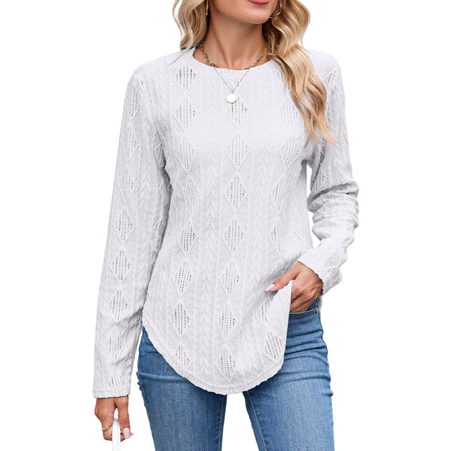 European And American Leisure Round Neck Long Sleeve Curved Hem T-shirt