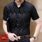 Short Sleeve Hollow Men's Shirt Flocking Embroidered Shirt
