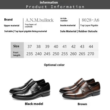 Double Buckle Design First Layer Cowhide Men's Business Leather Shoes