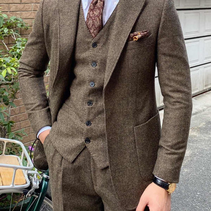Autumn Winter Retro Herringbone Wool Slim Fit Men's Suits
