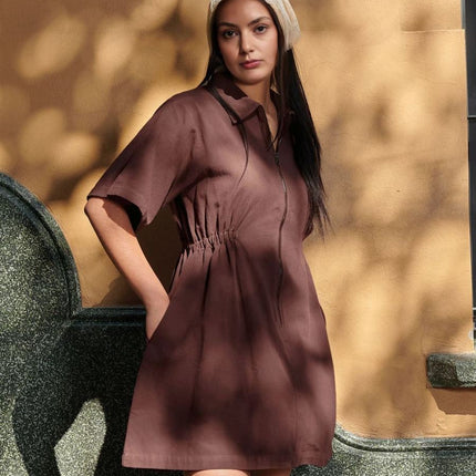 Plus Size Women's Lapel Zipper Short Sleeve Dress Women