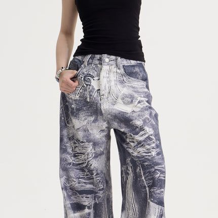 American Style Retro Washed Distressed Printed Gradient Jeans Women's Loose Straight